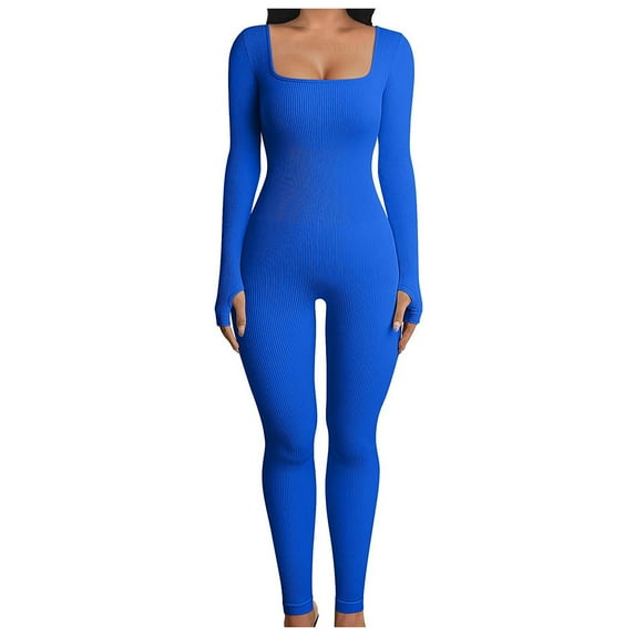 SELONE Plus Size Jumpsuits for Women Long Sleeve Athletic Bodycon Workout Sports Long Pant Gym Ladies Travel Comfortable Vacation Cute Rompers Solid Color Elasticity Square Collar Blue L