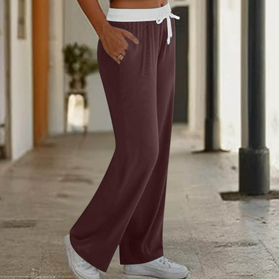 SELONE Plus Size Lounge Pants for Women Lounge Pants with Pockets Elastic Waist Full Length Trouser Loose Casual Long Beach Pants Drawstring Solid Straight Wine S Tall Breathable Summer Clothes