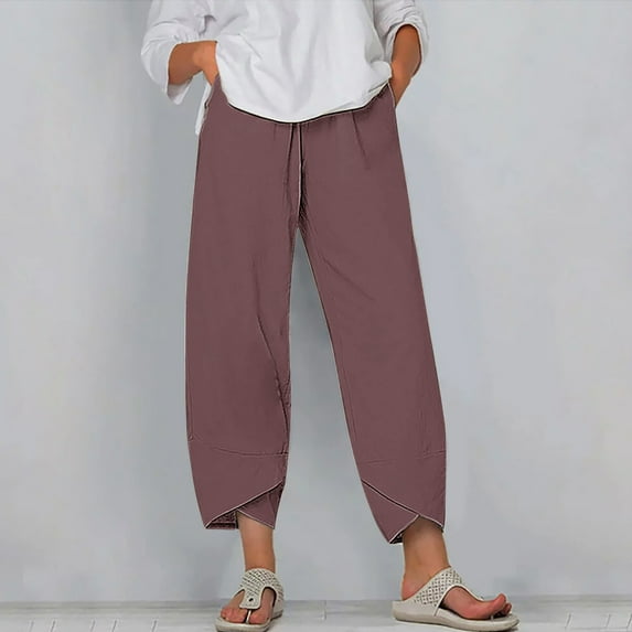 SELONE Plus Size Lounge Pants for Women Mid Waist Lounge Pants Cropped Trouser Pants Loose Casual Beach Pants Pull on Solid Straight Leg Lightweight Comfortable Purple L Breathable Summer Clothes
