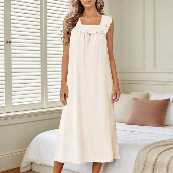 SELONE Plus Size Ruffle Nightgowns for Women Square Neck Maxi Nightshirts Sleeveless Sleep Dress Fashion Pajamas Dress