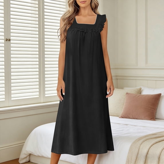 SELONE Plus Size Ruffle Nightgowns for Women Square Neck Maxi Nightshirts Sleeveless Sleep Dress Fashion Pajamas Dress