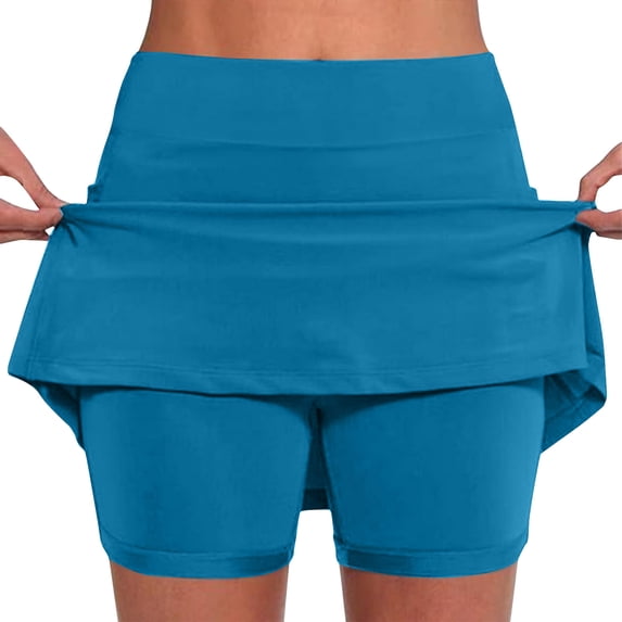 SELONE Plus Size Skorts for Women Mid Waist Workout Pants Elastic Waist Shorts Casual Workout Pants for Work out Pull on Solid Yoga Short Length Lightweight Comfy Blue 2XL Breathable Gym Clothes