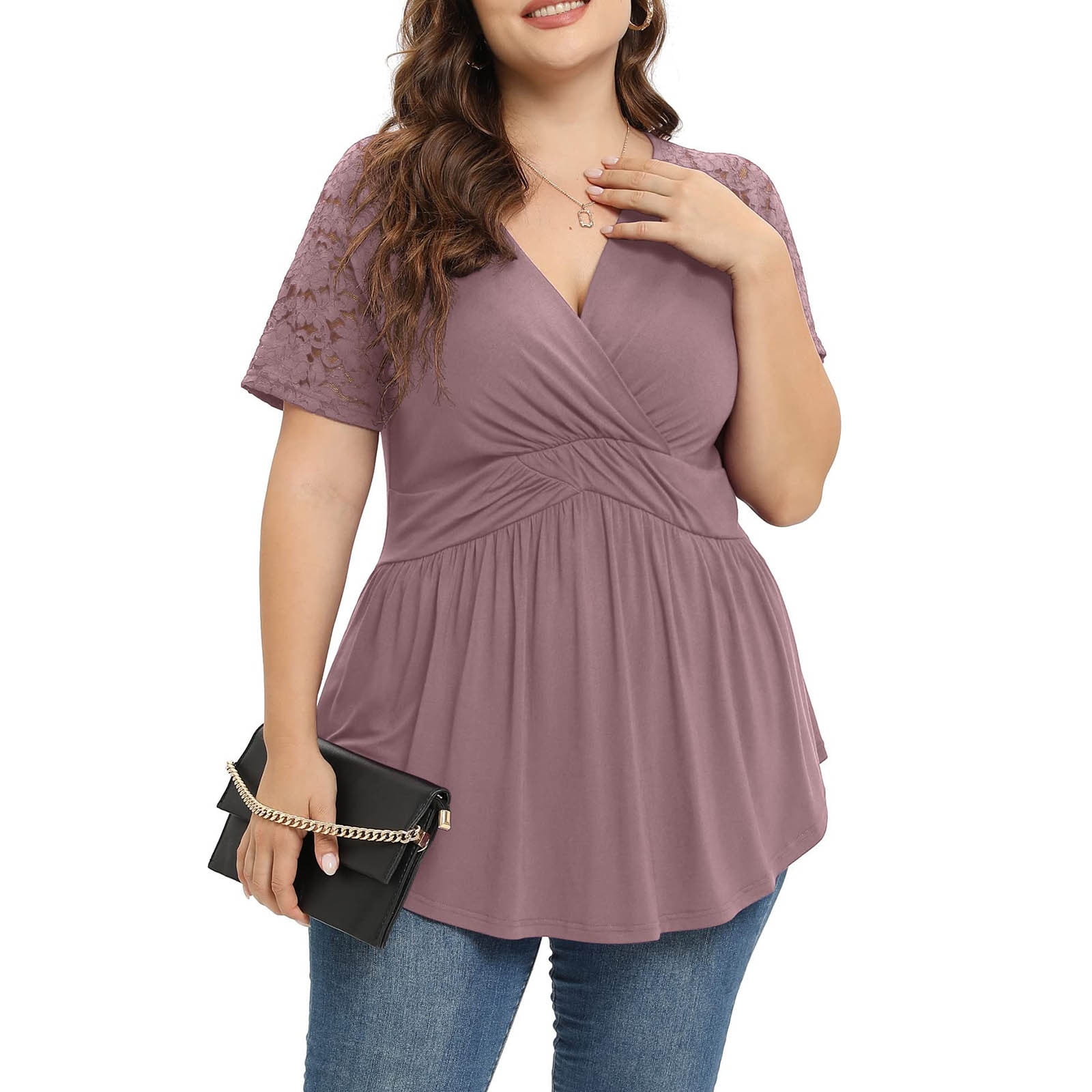 SELONE Plus Size Tops for Women Short Sleeve Tops Blouses Regular Fit T  Shirts Pullover Tops Tees Tops Solid T-Shirts V Neck Tops Blouses T Shirts