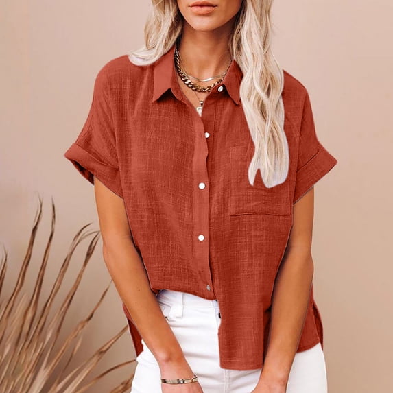 SELONE Plus Size Tops for Women Short Sleeve Tops Blouses Regular Fit T Shirts Pullover Tees Tops Solid T-Shirts V Neck Tops Blouses Button Up Button Down T Shirts Breathable Pullover Orange XL