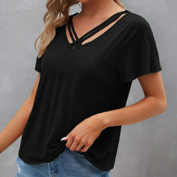SELONE Plus Size Tops for Women Short Sleeve Tops Blouses Regular Fit T Shirts Pullover Tees Tops Solid T-Shirts V Neck Tops Blouses Ruffle Peplum T Shirts Easy Care Breathable Pullover Black XXXXXL