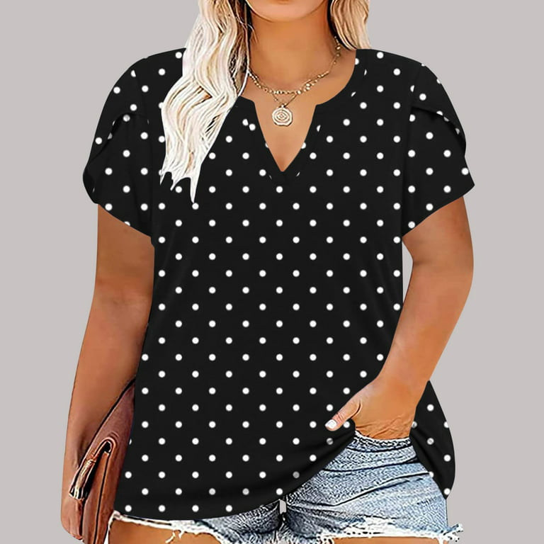 SELONE Plus Size Tops for Women Work Short Sleeve Tops Blouses Regular Fit  T Shirts Pullover Tees Tops Polka Dot T-Shirts V Neck Tops Casual Blouses  Easy Care Soft Breathable Pullover Tops