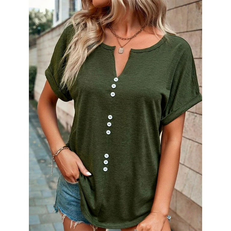 SELONE Plus Size Tops for Women Work Short Sleeve Tops Blouses Regular Fit  T Shirts Pullover Tees Tops Solid T-Shirts V Neck Tops Blouses Button Up  Button Down T Shirts Breathable Army