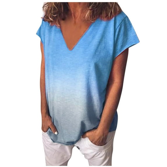 SELONE Plus Size Tops for Women Work Short Sleeve Tops Blouses Regular Fit T Shirts Pullover Tees Tops Gradient T-Shirts V Neck Tops Blouses T Shirts Easy Care Soft Breathable Pullover Tops Blue XL