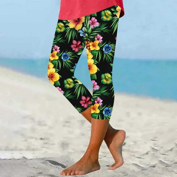 SELONE Plus Size Workout Leggings Capri High Waist Gym Leggings Summer Pants Curvy Slim Casual Vacation Pants Pull on Flowers Soft Yoga Lightweight Comfy Multicolor XL Breathable Beach Pants