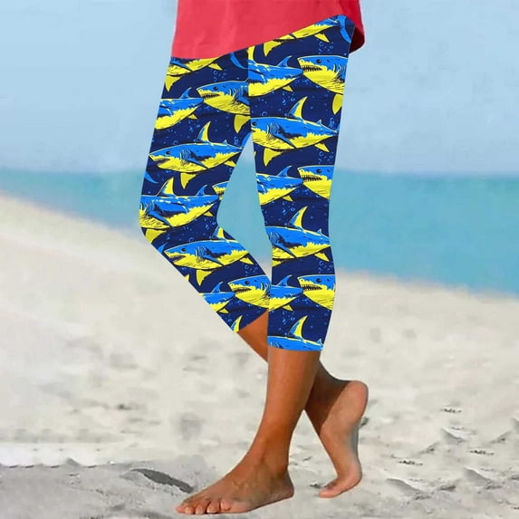 SELONE Plus Size Workout Leggings Capri High Waist Gym Leggings Summer Pants Curvy Slim Casual Vacation Pants Pull on Hawaiian Soft Yoga Lightweight Comfy Multicolor M Breathable Beach Pants