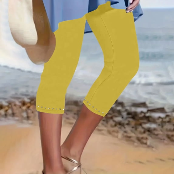 SELONE Plus Size Workout Leggings Capri High Waist Gym Leggings Summer Pants Curvy Slim Casual Vacation Pants Pull on Solid Soft Yoga Lightweight Comfortable Yellow S Breathable Beach Pants