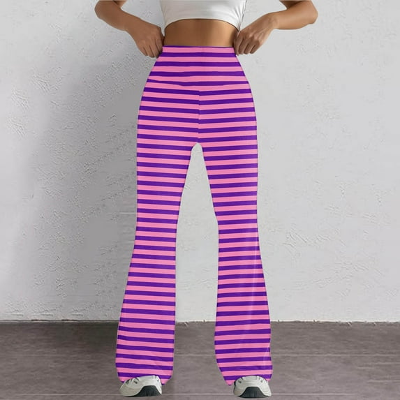 SELONE Plus Size Workout Leggings Flare Mid Waist Gym Leggings Full Length Summer Pants Curvy Casual Long Bootcut Vacation Pants Pull on Striped Yoga Lightweight Comfy Purple S Breathable Beach Pants