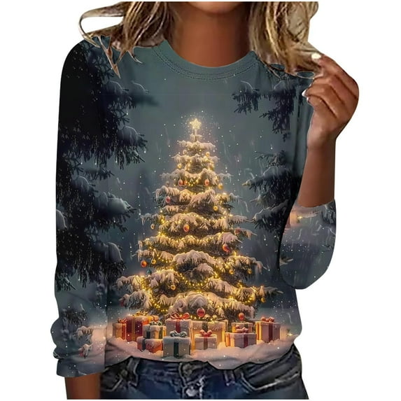 SELONE Plus Size Xmas Tops Women Christmas Printed Crewneck Pullover Long Sleeved Casual Tops Red 2XL
