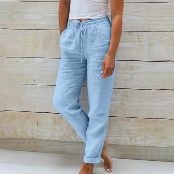 SELONE Plus Womens Lightweight Pants Mid Waist Plus Size Lounge Pants Cotton Linen Elastic Waist Cropped Trouser Casual Beach Pants Pull on Solid Tapered Comfy Blue L Tall Breathable Summer Clothes
