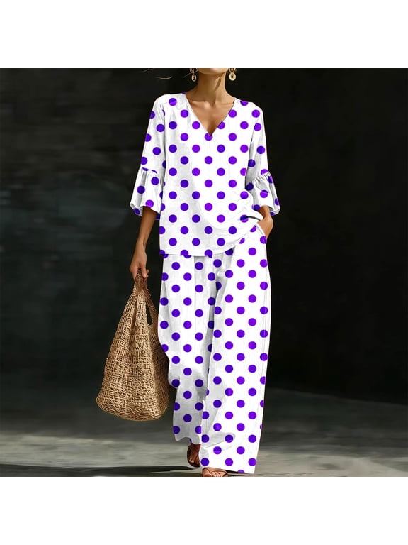 Polka Dot Outfits for Women 2 Piece Ruffle Sleeve Shirts Wide Leg Cropped Pants Work Vacation Clothing Set