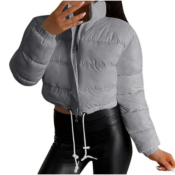 SELONE Puffer Coats for Women Cropped Drawstring Jacket Zipper Long Sleeve Mock Neck Tops with Pockets Soild Outerwear