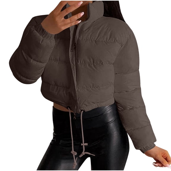 SELONE Puffer Coats for Women Cropped Drawstring Jacket Zipper Long Sleeve Mock Neck Tops with Pockets Soild Outerwear