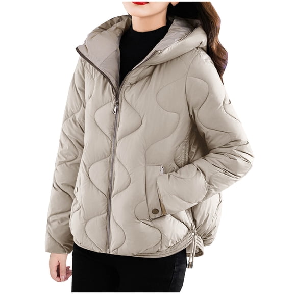 SELONE Puffer Coats for Women Winter Short Jacket Hoodies Zipper Long Sleeve Outerwear with Pockets Soild Tops Beige XL