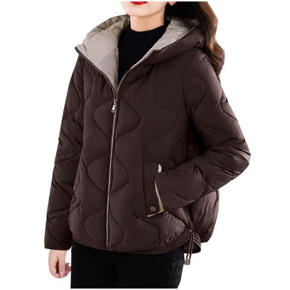 SELONE Puffer Coats for Women Winter Short Jacket Hoodies Zipper Long Sleeve Outerwear with Pockets Soild Tops Brown M