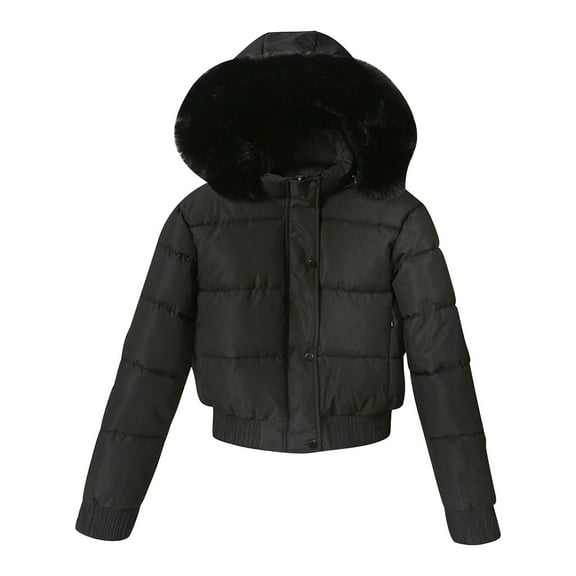 SELONE Puffer Jacket with Hood Cropped Winter Coat Plush Zipper Long Sleeve Tops with Pockets Soild Outerwear Black XL