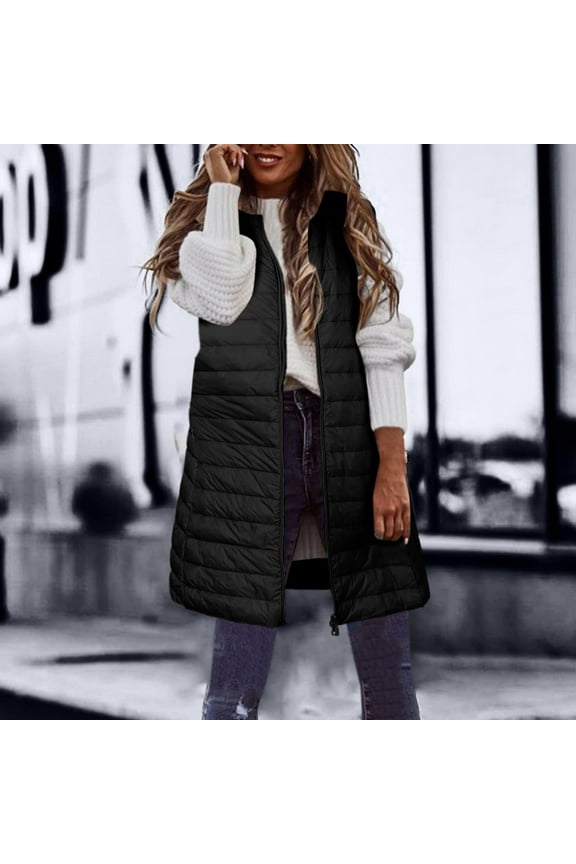 Puffer Vest for Women Tunic Thick Sleeveless Jacket Plus Size Lapel Long Zip Up Coat Loose Outerwear with Pockets Winter Overcoat Outwear Coat Clothes for Women Black 3XL