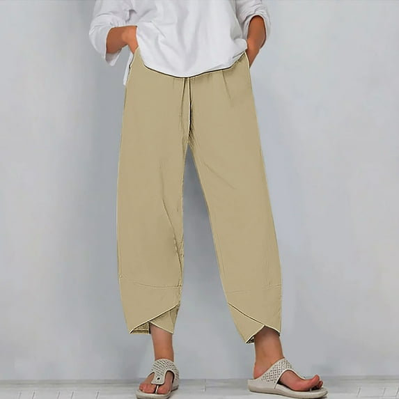 SELONE Pull on Work Pants for Women Mid Waist Plus Size Lounge Pants Cropped Trouser Pants Loose Casual Beach Pants Solid Soft Straight Leg Lightweight Comfy Khaki 3XL Breathable Summer Clothes
