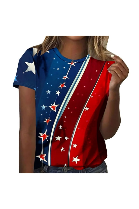 Womens Short Sleeve Tops Casual 4th July Crewneck American Flag Apparel Red White Blue Wear Clothes Gifts Activewear 2XL