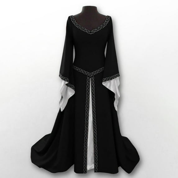 SELONE Renaissance Dress Women Party Dress for Women Long Sleeve Princess Vintage Bell Sleeve V Neck Floor Length Cosplay Vintage Dress for Women for Prom Tea Party Masquerade Party Black XL