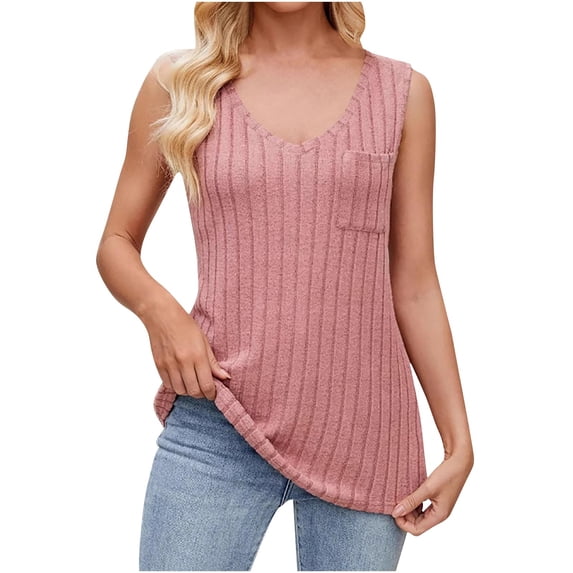 SELONE Ribbed Tank Tops for Women V Neck Knitted Sleeveless Sweater Wide Strap with Pockets Pullover Vacation Clothes