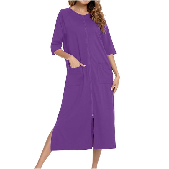 Lorytime Robes for Women Plus Size Mid Bathrobes Crewneck 3/4 Sleeve Raglan Pajamas Dress Raglan Sleepwear Home Clothes