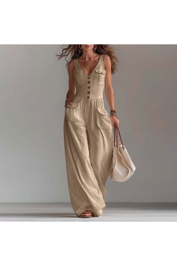 Rompers For Women Casual V Neck Sleeveless Button Down Wide Leg Cargo Pockets Jumpsuit 1 Piece For Summer Outfit