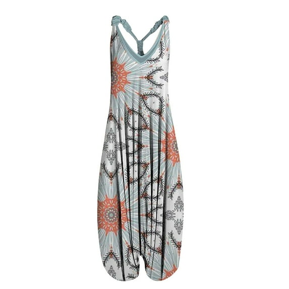 SELONE Rompers for Women Casual Fancy Suspender Loose Fit Pants Sleeveless Ladies Travel Comfortable 2023 Vacation Flowy Rompers Womens Jumpers and Rompers Casual Retro Printing Gray L