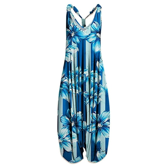 SELONE Rompers for Women Casual Fancy Suspender Loose Fit Pants Sleeveless Ladies Travel Comfortable 2023 Vacation Flowy Rompers Womens Jumpers and Rompers Casual Retro Printing Light Blue XL