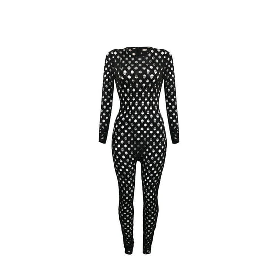 SELONE Rompers for Women Casual Long Sleeve Bodycon Fancy Long Pant Ladies Travel Comfortable Vacation Womens Rompers and Jumpsuits Fashion Hollow Tear the Hole Zipper Solid Color Black M