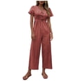 thumbnail image 1 of SELONE Rompers for Women Casual Short Summer Long Pant Ladies Travel Comfortable 2023 Vacation Flowy Rompers Womens Jumpers and Rompers Casual Solid Color Short Sleeve V Neck Red L, 1 of 9