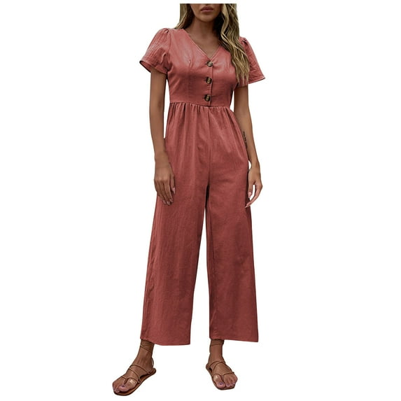 SELONE Rompers for Women Casual Short Summer Long Pant Ladies Travel Comfortable 2023 Vacation Flowy Rompers Womens Jumpers and Rompers Casual Solid Color Short Sleeve V Neck Red L