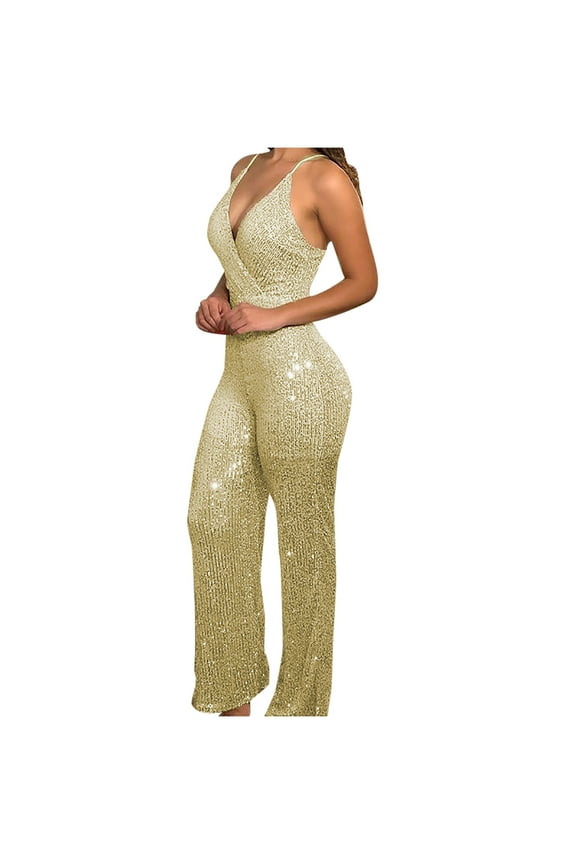 Rompers for Women Glitter Sequin Suspender Pants Sparkly Sleeveless Ladies Travel Comfortable Vacation Flowy Rompers Cute Rompers for Women Casual Jumpsuits for Women Gold XL
