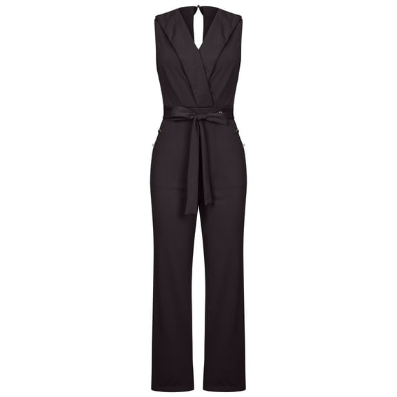 SELONE Rompers for Women Suspender Bandage Long Pant Sleeveless Ladies Travel Comfortable Vacation Flowy Rompers Womens Jumpers and Rompers Casual Suit Collar Back Zipper with Pockets Black L