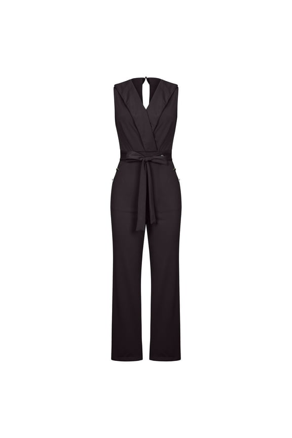 Rompers for Women Suspender Bandage Long Pant Sleeveless Ladies Travel Comfortable Vacation Flowy Rompers Womens Jumpers and Rompers Casual Suit Collar Back Zipper with Pockets Black L