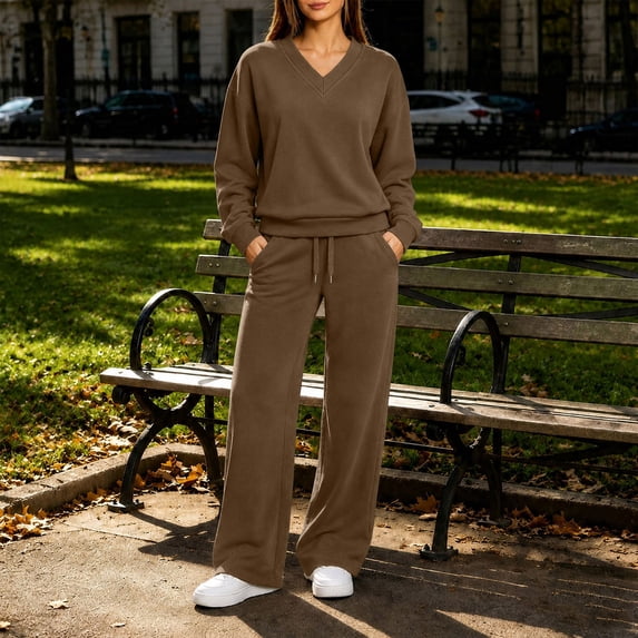 SELONE Running Outfits for Women Two Piece Long Sleeve Shirt High Waist Wide Leg Long Pants Work Vacation Sportswear Set