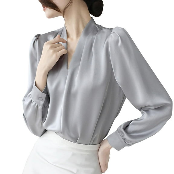 SELONE Satin Dress Shirt Women Elegant Blouses V Neck Long Sleeve Business Tops Soild Spring Fall Outwear Gray L