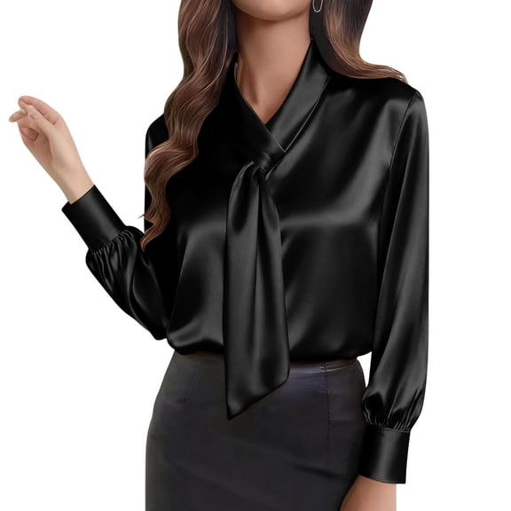 SELONE Satin Dress Shirts for Women Tie Bow Blouses Collared Long Sleeve Business Tops Soild Spring Outwear Black M