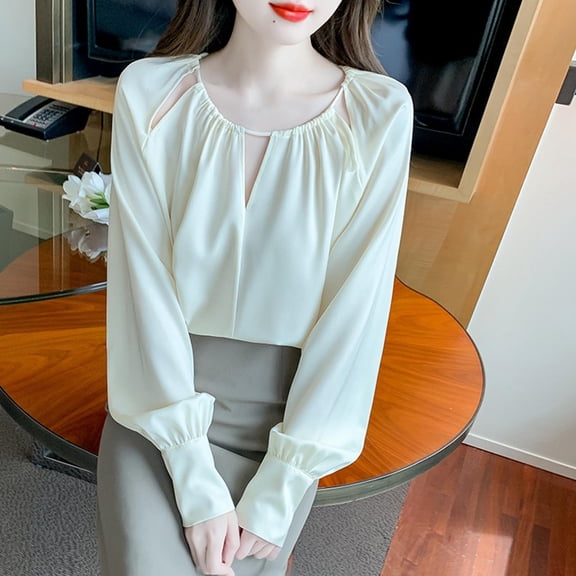 SELONE Satin Shirt for Women Elegant Dressy Blouses Notched collar Long Sleeve Work Tops Soild Fall Clothes White XL