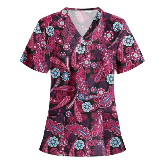SELONE Scrub Tops Women Stretchy Plus Size Print Short Sleeve Tops Blouses Regular Fit T Shirts Pullover Tees Tops Abstract Print T-Shirts V Neck Tops Blouses With Pockets T Shirts Purple XXL