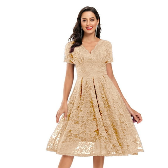 SELONE Semi Formal Dresses for Women Casual Dresses for Women Short Sleeve V Neck Vintage Lace Party Cocktail Prom Ballgown Fashion Beach Classy Y2K Soft Basic Summer Dresses for Women Khaki M