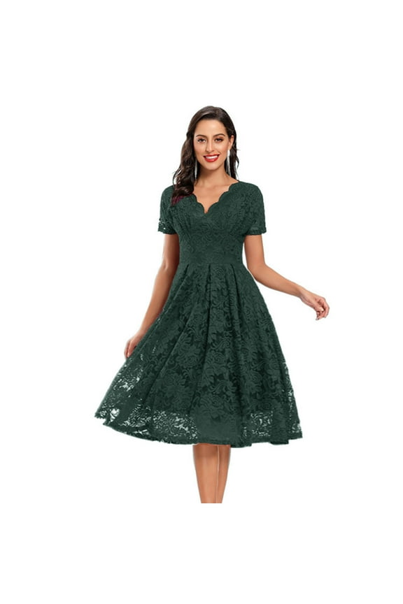 Semi Formal Dresses for Women Summer Dresses for Women Short Sleeve V Neck Vintage Lace Party Cocktail Prom Ballgown Fashion Beach Classy Y2K Soft Plus Size Dress Beach Dresses Green L