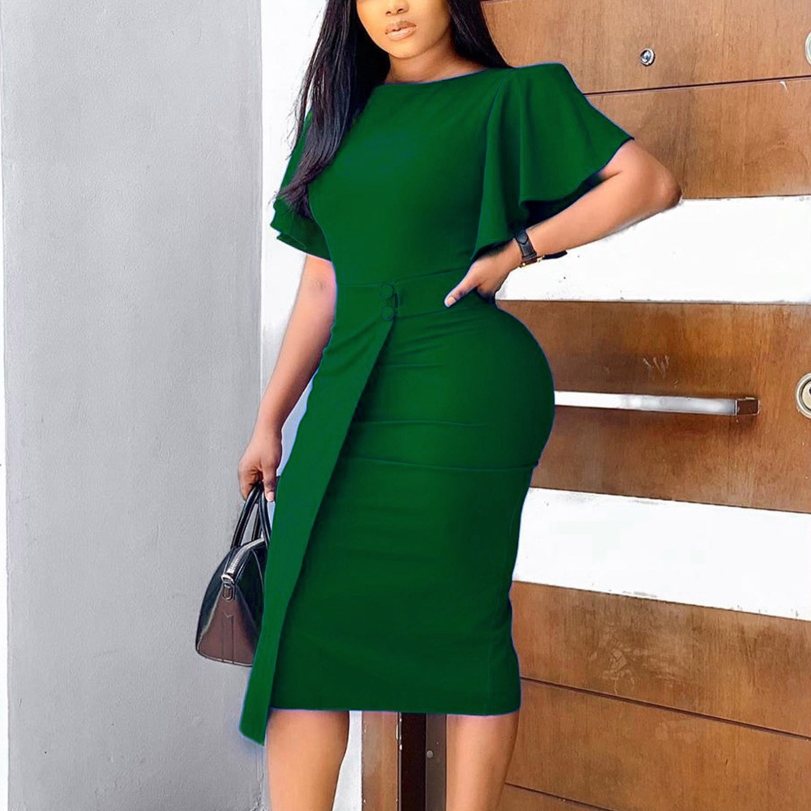 dress for semi formal dinner Semi-Formal Midi Party Dress with Short Sleeves Black / 12 main image 1