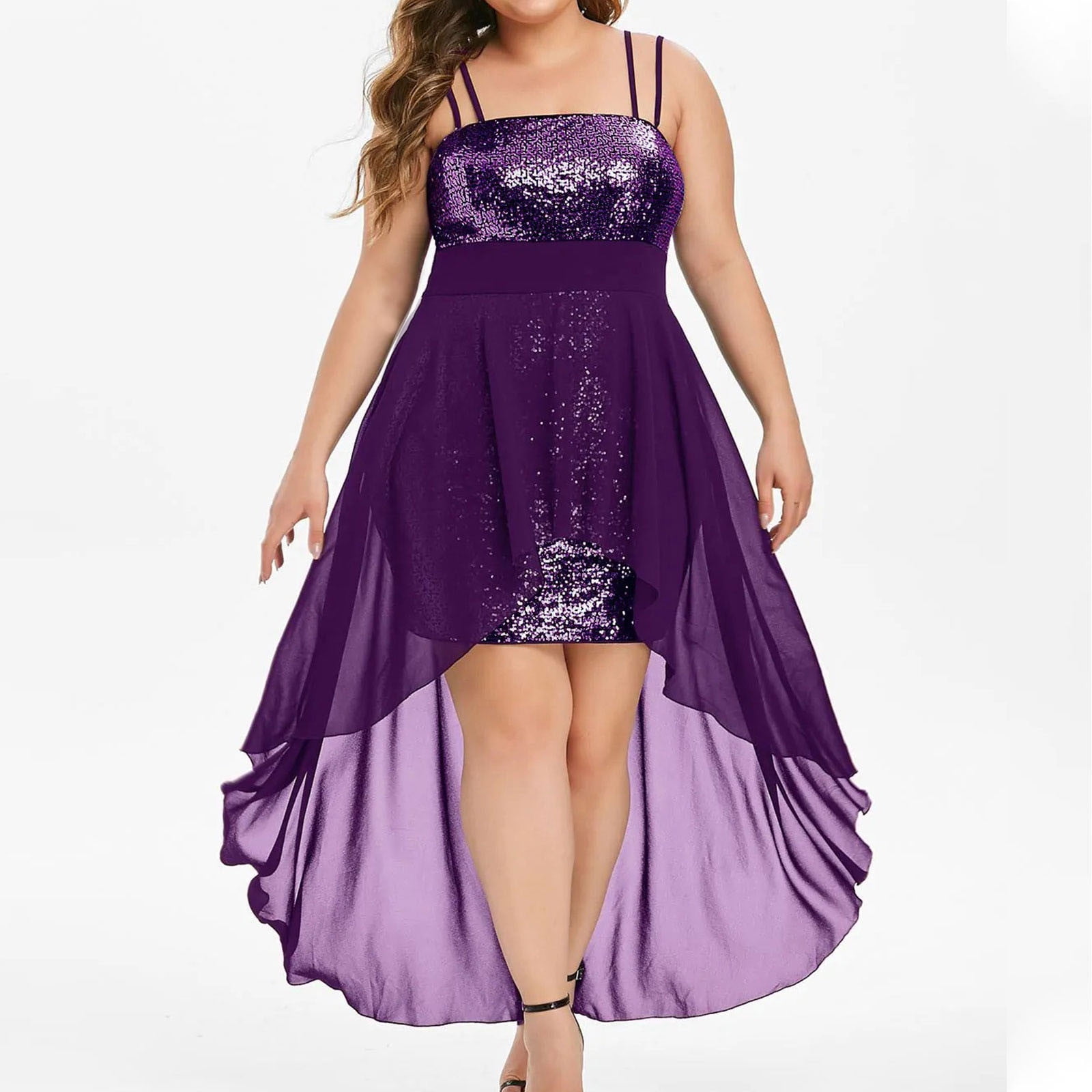 purple sequin dress plus size Flycurvy Plus Size Christmas Purple Mesh Sparkly Sequin Deep V Neck Ruffle Sleeve Empire Waist Tunic Maxi Dress- Flycurvy