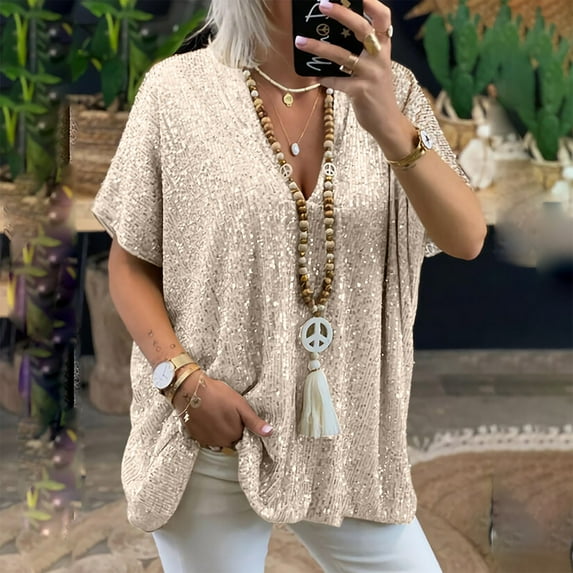 SELONE Sequin Tops for Women Party Night Short Sleeve Tops Blouses Regular Fit T Shirts Pullover Tees Tops Solid T-Shirts V Neck Tops Casual Blouses Easy Care Soft Breathable Pullover Tops Gold XL