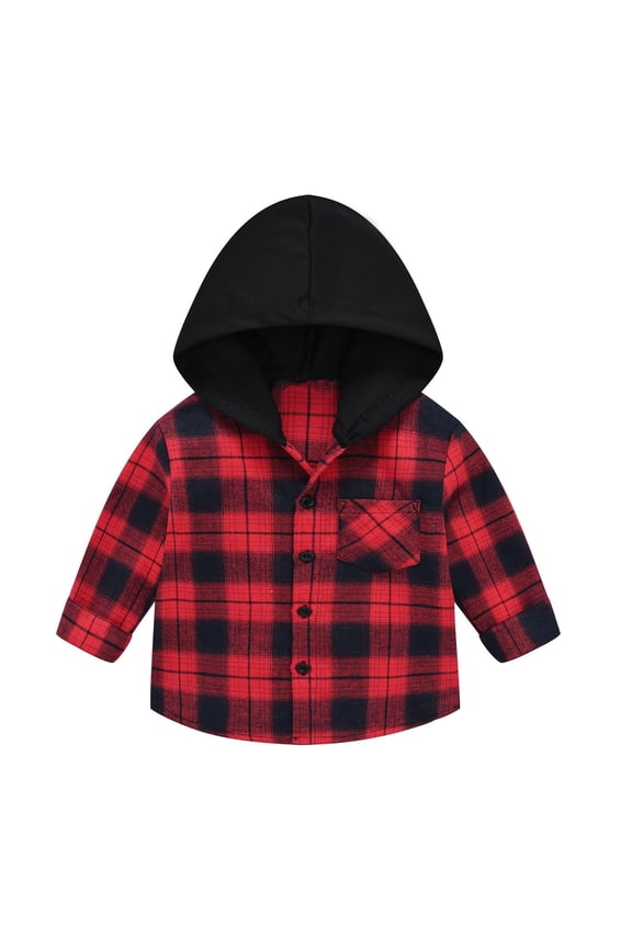 Shacket Toddler Boy with Pockets Hooded Jackets Button Plaid Long Sleeve Fall Winter Outwear Red 14 Years